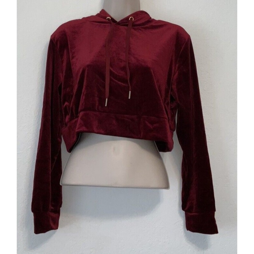 Women's Burgundy Velvet Feel Cropped Drawstring Hoodie Size M